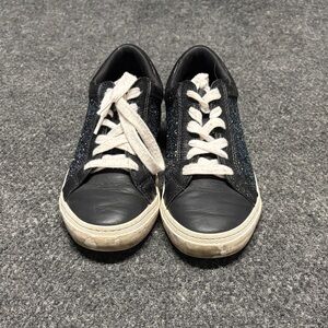 Black and White Casual Sneakers with Blue Sparkles on Sides